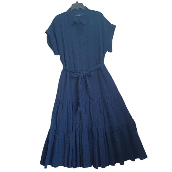 Ralph Lauren Dress Black Label Navy Blue Cotton Tiered Seersucker Womens 8 - Picture 8 of 10